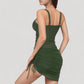 Mesh Ruched One Piece Swimsuit Dress with V Neckline and Adjustable Side Drawstring
