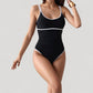 One-Piece Swimsuit with Scoop Neck Contrast Trim and Ruched Waist Detail