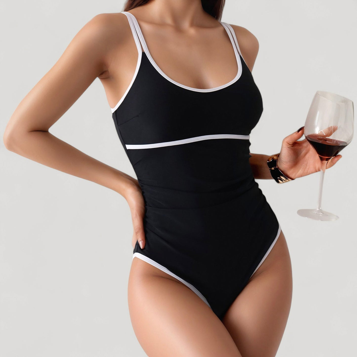 One-Piece Swimsuit with Scoop Neck Contrast Trim and Ruched Waist Detail