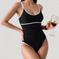 One-Piece Swimsuit with Scoop Neck Contrast Trim and Ruched Waist Detail