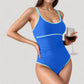 One-Piece Swimsuit with Scoop Neck Contrast Trim and Ruched Waist Detail