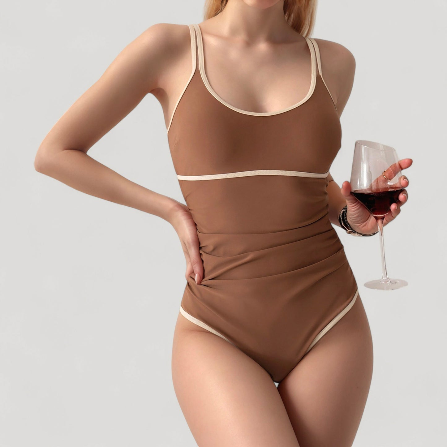 One-Piece Swimsuit with Scoop Neck Contrast Trim and Ruched Waist Detail