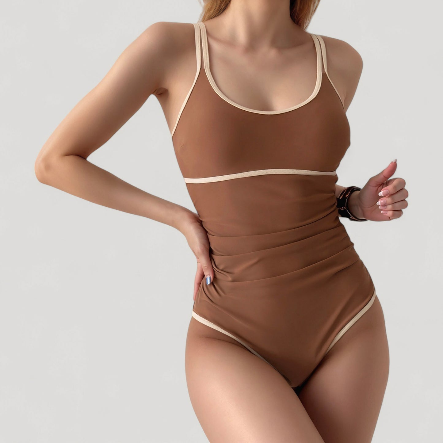 One-Piece Swimsuit with Scoop Neck Contrast Trim and Ruched Waist Detail