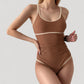 One-Piece Swimsuit with Scoop Neck Contrast Trim and Ruched Waist Detail