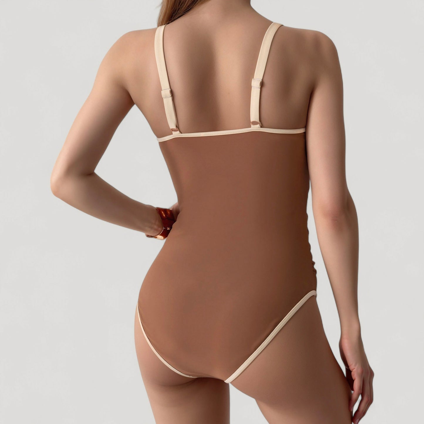 One-Piece Swimsuit with Scoop Neck Contrast Trim and Ruched Waist Detail