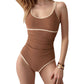 One-Piece Swimsuit with Scoop Neck Contrast Trim and Ruched Waist Detail