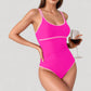 One-Piece Swimsuit with Scoop Neck Contrast Trim and Ruched Waist Detail