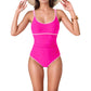 One-Piece Swimsuit with Scoop Neck Contrast Trim and Ruched Waist Detail