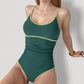 One-Piece Swimsuit with Scoop Neck Contrast Trim and Ruched Waist Detail