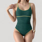One-Piece Swimsuit with Scoop Neck Contrast Trim and Ruched Waist Detail