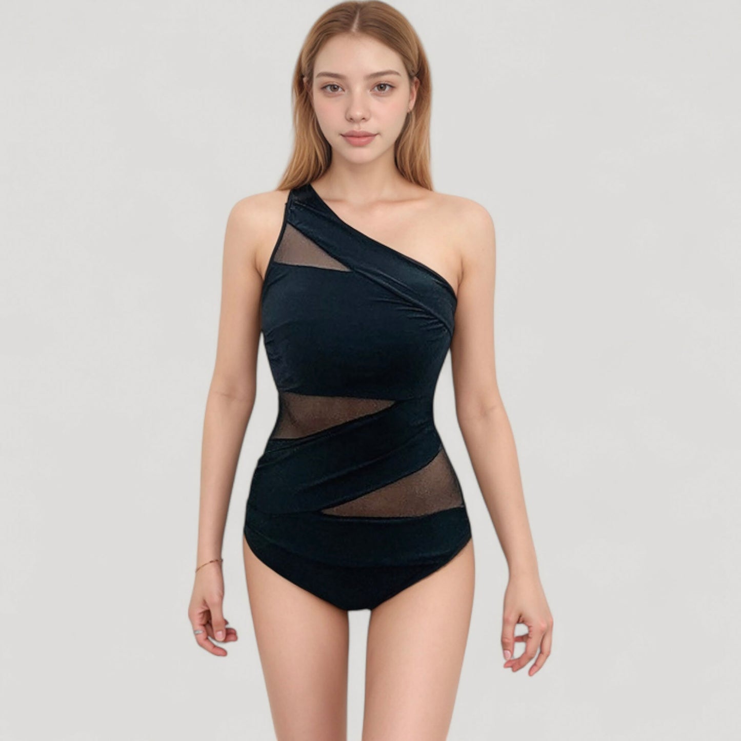 One Shoulder One Piece Swimsuit with Sheer Mesh Cutout Panels and Asymmetrical Design