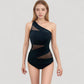 One Shoulder One Piece Swimsuit with Sheer Mesh Cutout Panels and Asymmetrical Design