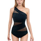 One Shoulder One Piece Swimsuit with Sheer Mesh Cutout Panels and Asymmetrical Design