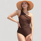 One Shoulder One Piece Swimsuit with Sheer Mesh Cutout Panels and Asymmetrical Design