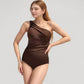 One Shoulder One Piece Swimsuit with Sheer Mesh Cutout Panels and Asymmetrical Design
