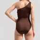 One Shoulder One Piece Swimsuit with Sheer Mesh Cutout Panels and Asymmetrical Design