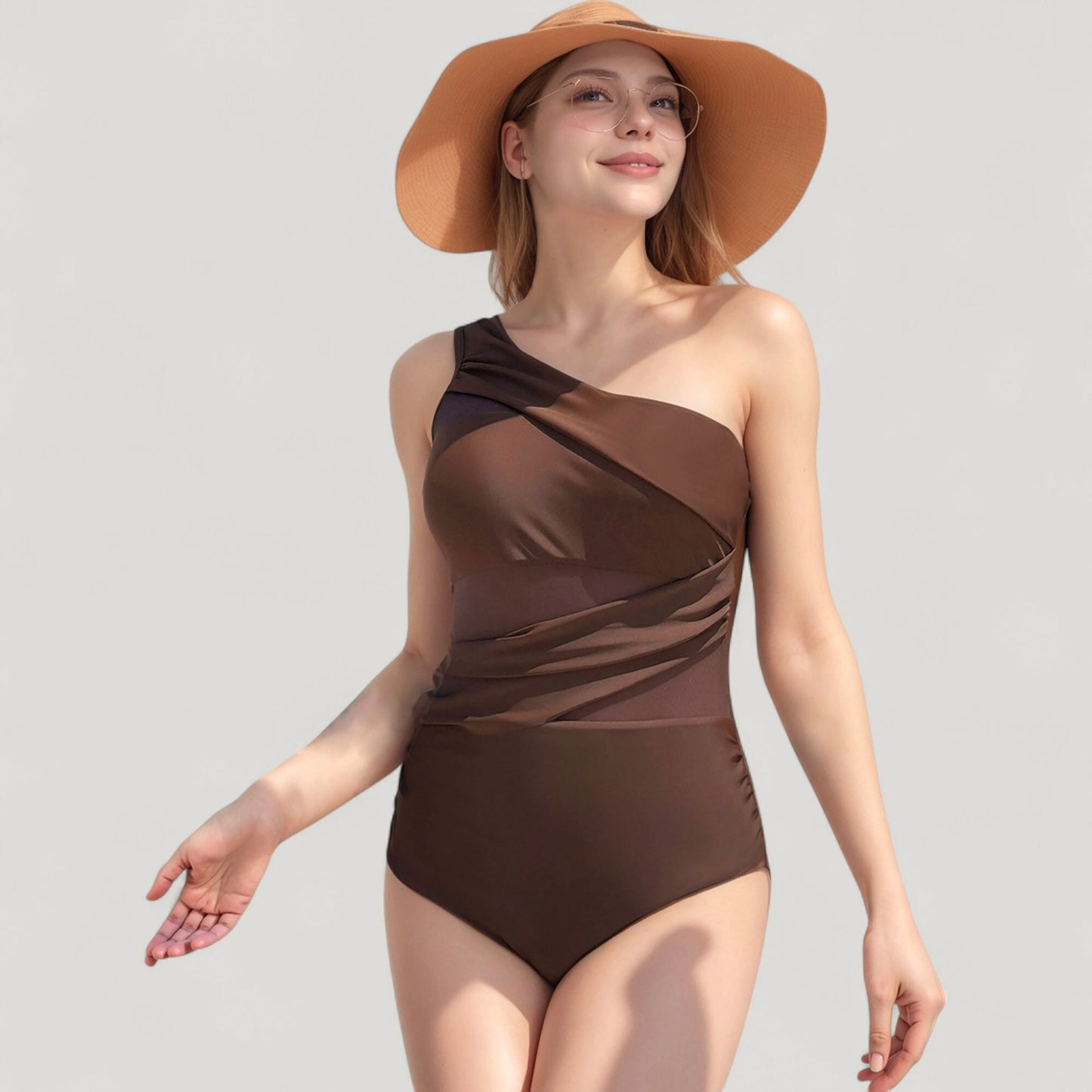 One Shoulder One Piece Swimsuit with Sheer Mesh Cutout Panels and Asymmetrical Design