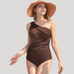 One Shoulder One Piece Swimsuit with Sheer Mesh Cutout Panels and Asymmetrical Design