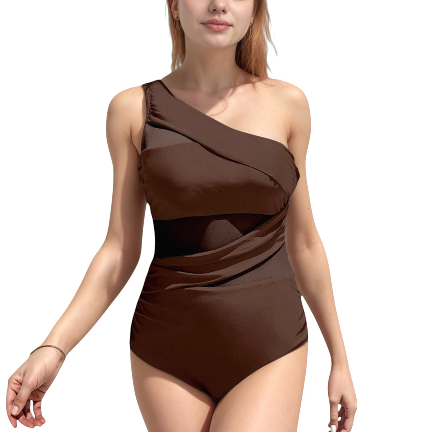 One Shoulder One Piece Swimsuit with Sheer Mesh Cutout Panels and Asymmetrical Design