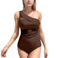 One Shoulder One Piece Swimsuit with Sheer Mesh Cutout Panels and Asymmetrical Design