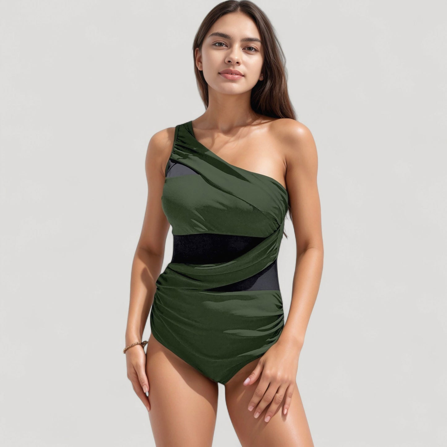 One Shoulder One Piece Swimsuit with Sheer Mesh Cutout Panels and Asymmetrical Design