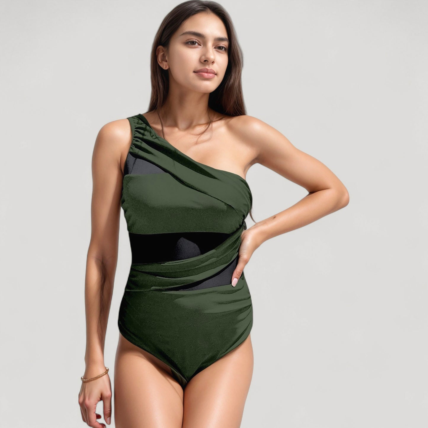 One Shoulder One Piece Swimsuit with Sheer Mesh Cutout Panels and Asymmetrical Design
