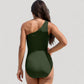One Shoulder One Piece Swimsuit with Sheer Mesh Cutout Panels and Asymmetrical Design