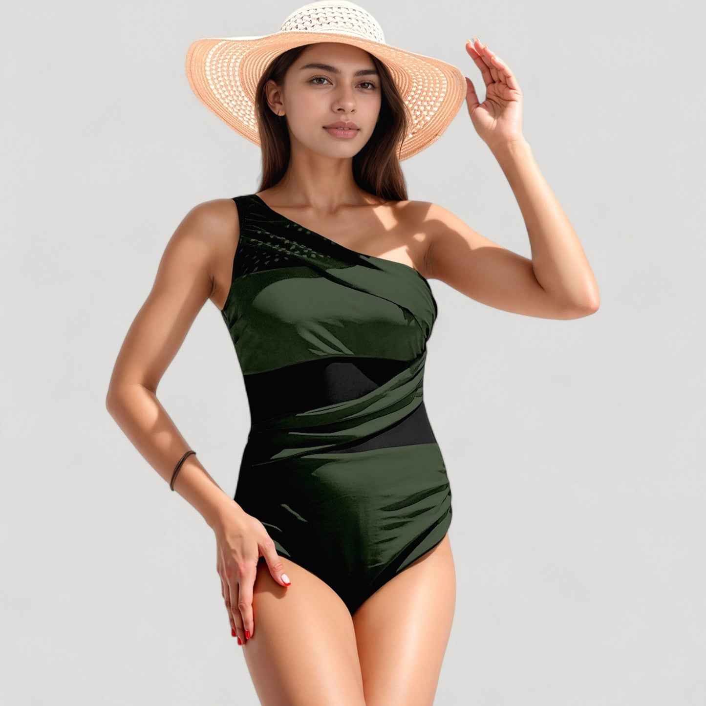 One Shoulder One Piece Swimsuit with Sheer Mesh Cutout Panels and Asymmetrical Design