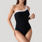 One Shoulder One Piece Swimsuit with Asymmetrical Neckline and Contrast Trim Design
