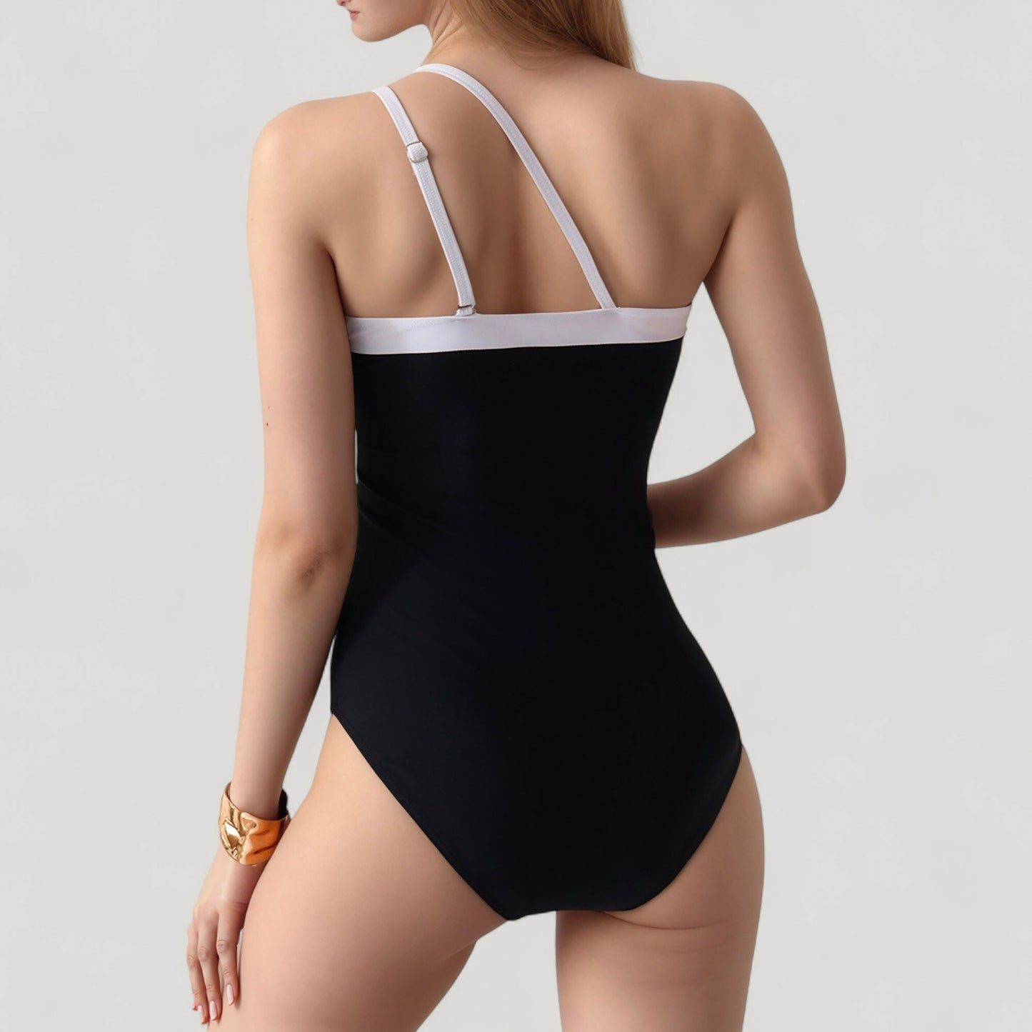 One Shoulder One Piece Swimsuit with Asymmetrical Neckline and Contrast Trim Design