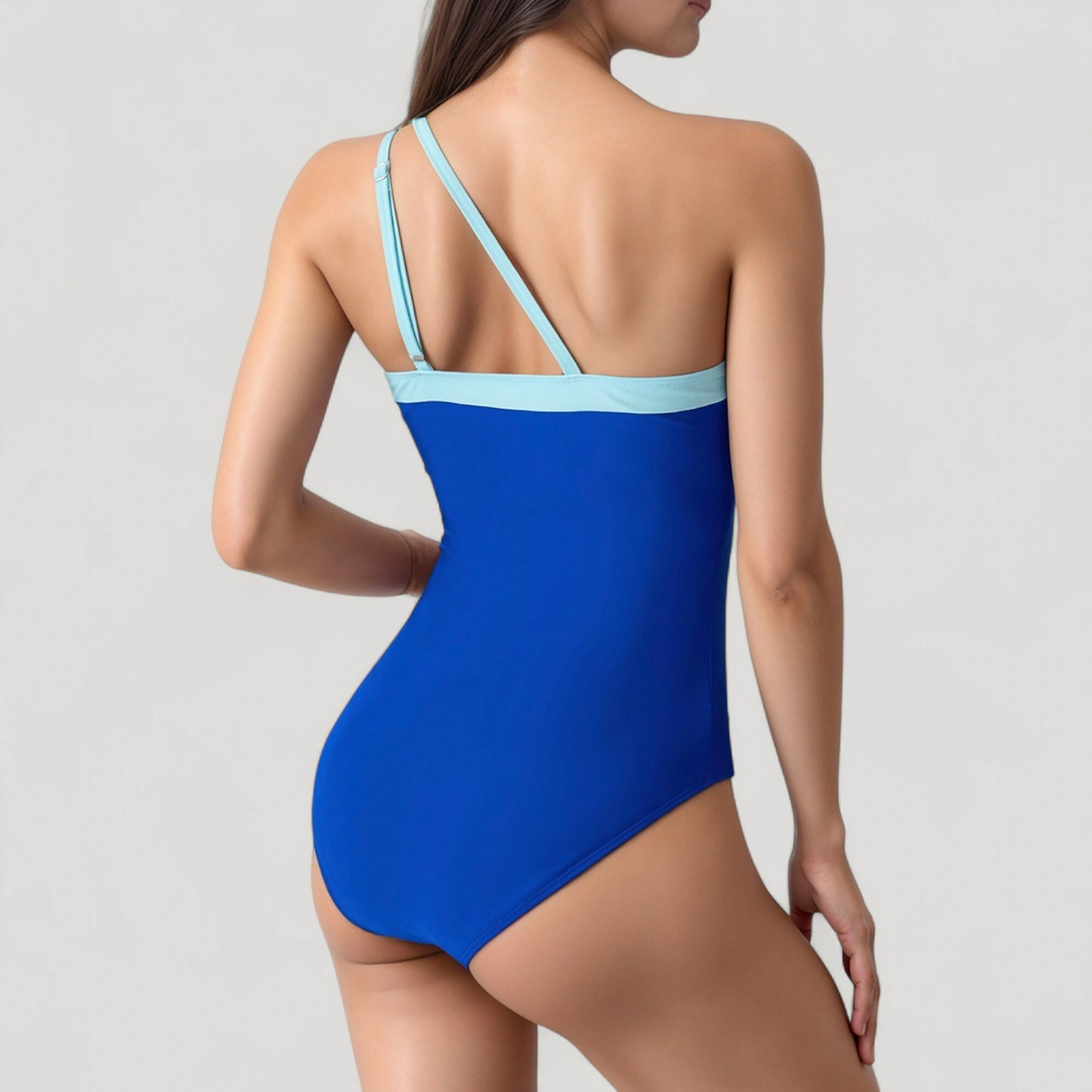 One Shoulder One Piece Swimsuit with Asymmetrical Neckline and Contrast Trim Design