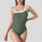 One Shoulder One Piece Swimsuit with Asymmetrical Neckline and Contrast Trim Design