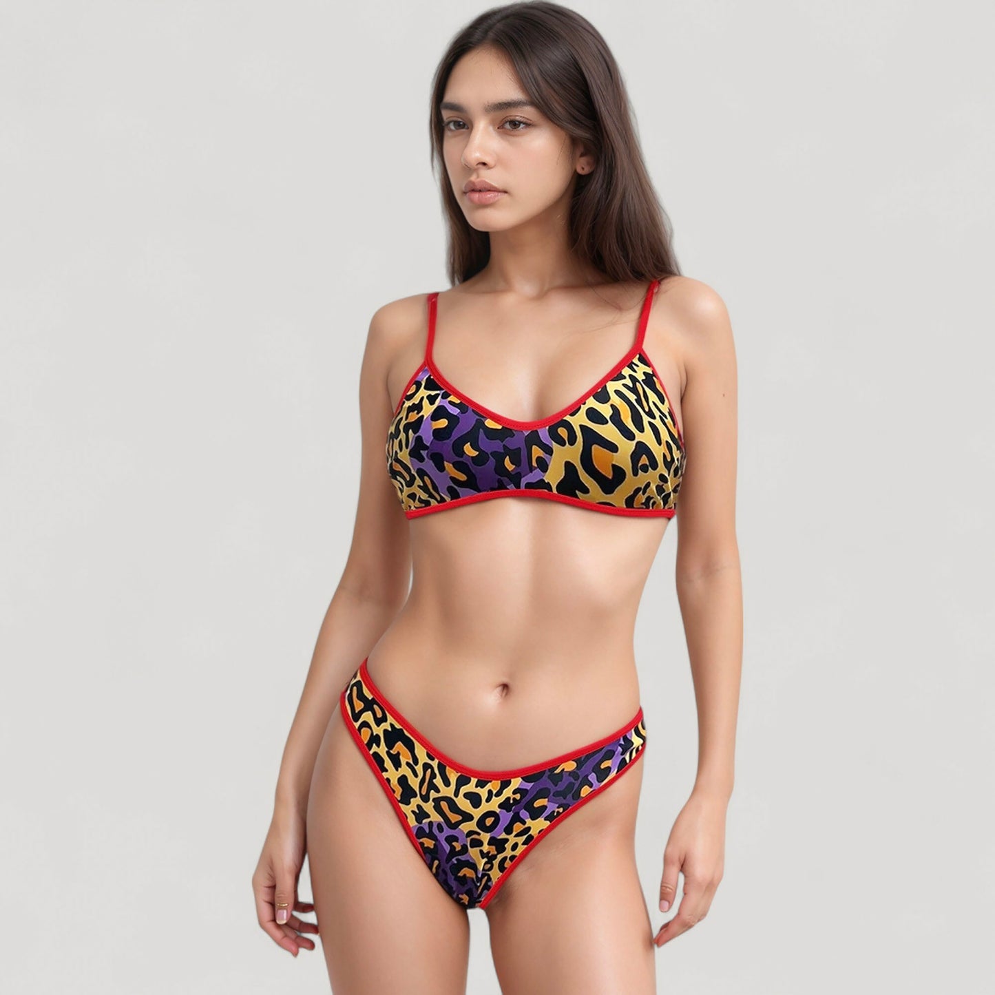 Two Piece Bikini Set with Floral Print and Contrast Trim Scoop Neck and High Leg Bottoms