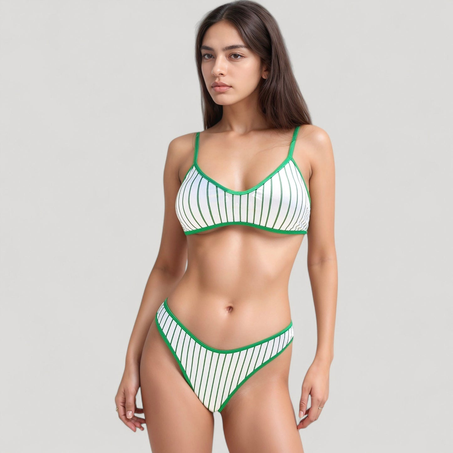 Two Piece Bikini Set with Floral Print and Contrast Trim Scoop Neck and High Leg Bottoms