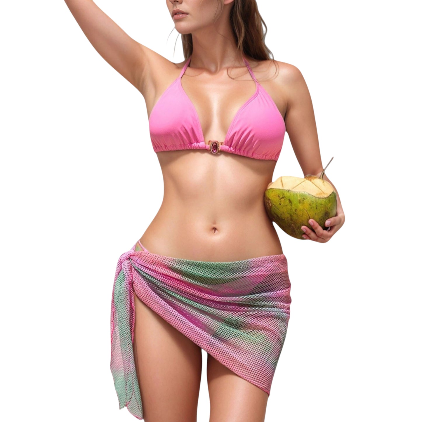 Triangle Bikini Top with Jewel Center Ring and Mesh Tie Sarong Cover Up Set