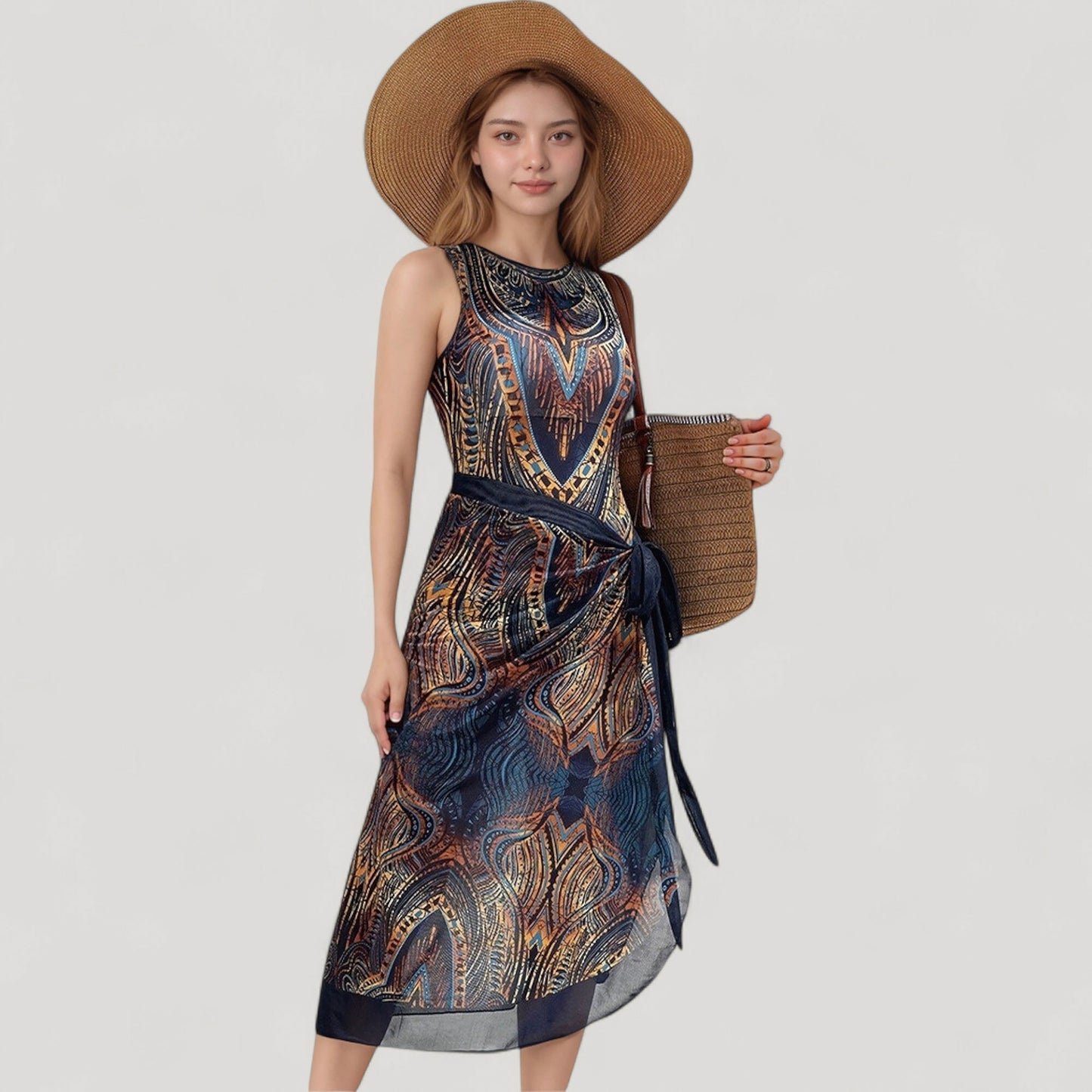 Tribal Print One Piece Swimsuit with High Neckline and Sculpting Silhouette