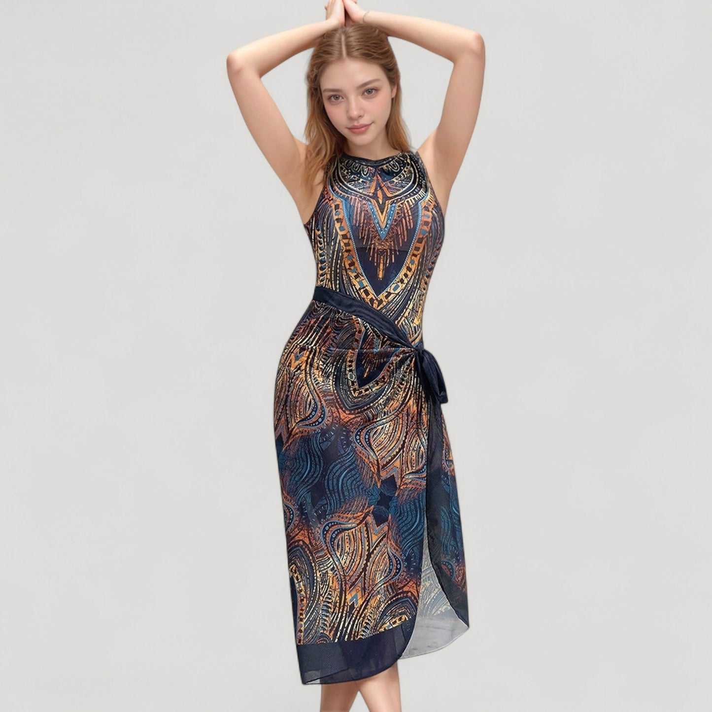 Tribal Print One Piece Swimsuit with High Neckline and Sculpting Silhouette