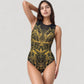 Tribal Print One Piece Swimsuit with High Neckline and Sculpting Silhouette