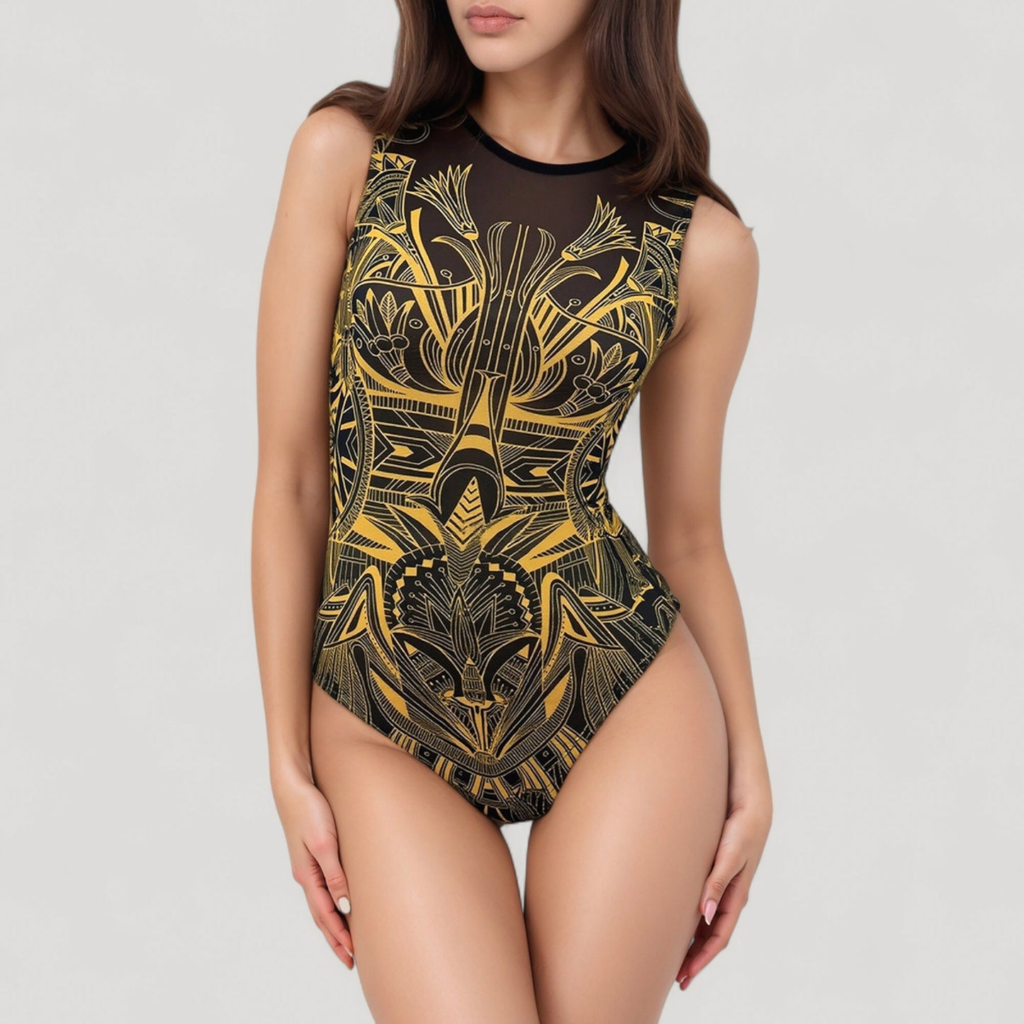 Tribal Print One Piece Swimsuit with High Neckline and Sculpting Silhouette