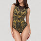 Tribal Print One Piece Swimsuit with High Neckline and Sculpting Silhouette