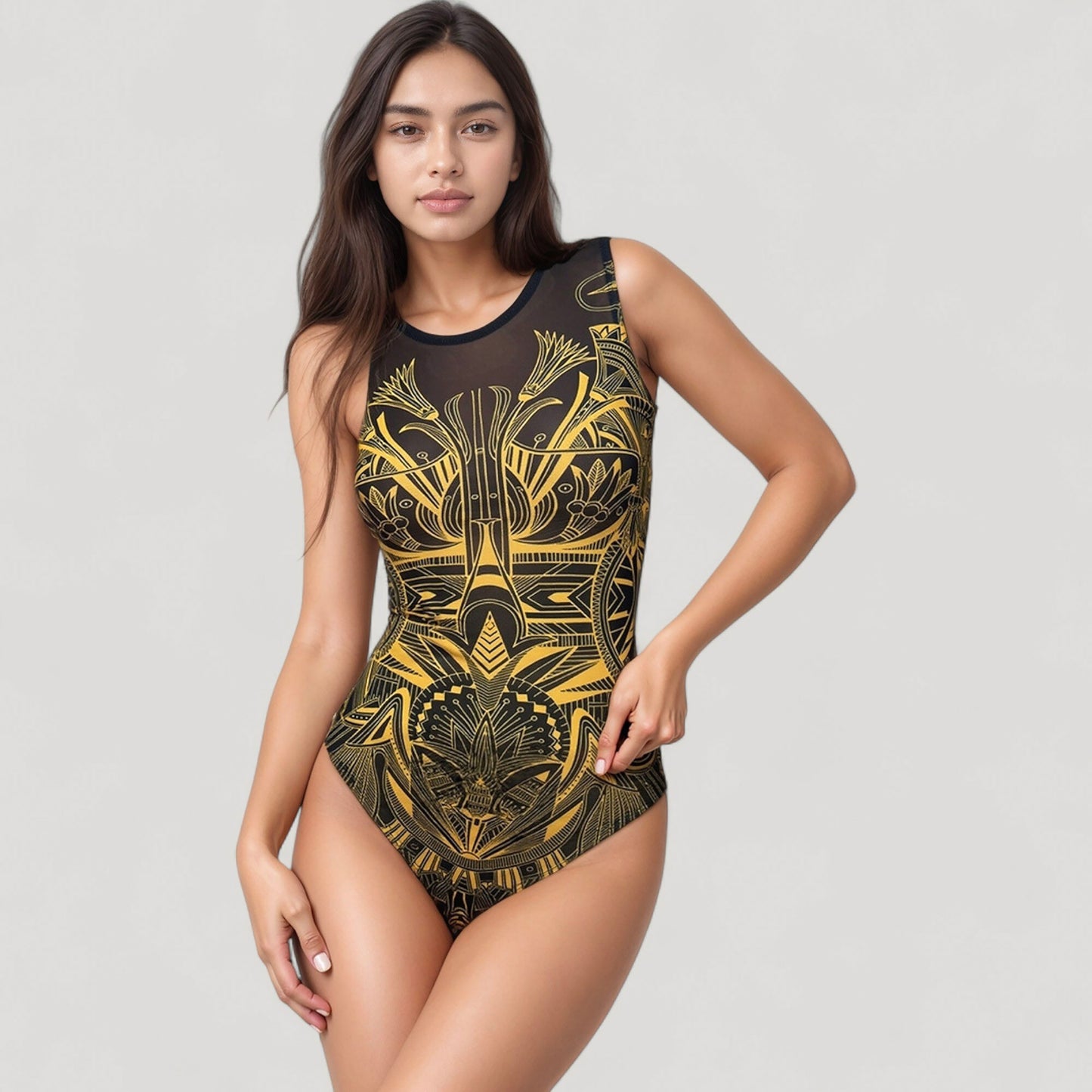 Tribal Print One Piece Swimsuit with High Neckline and Sculpting Silhouette
