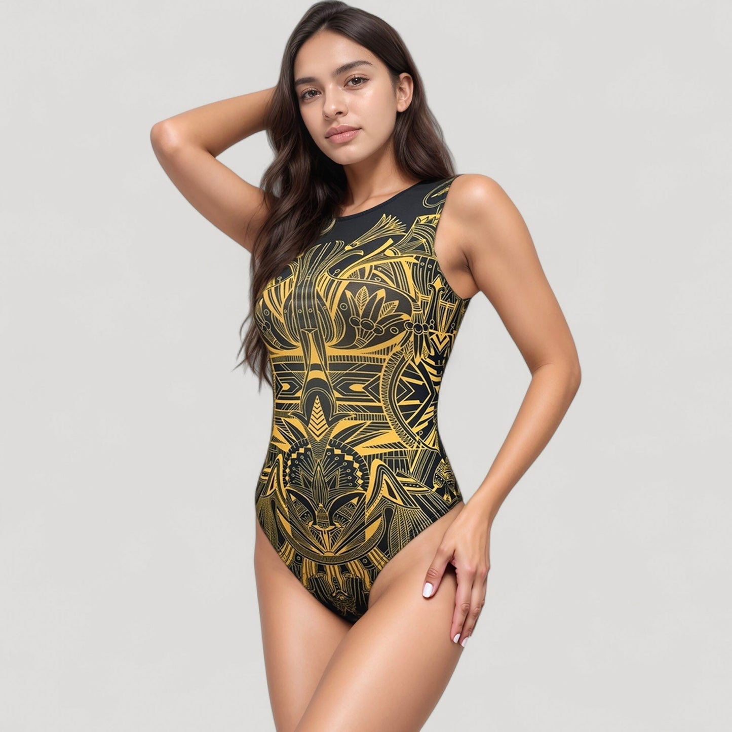 Tribal Print One Piece Swimsuit with High Neckline and Sculpting Silhouette