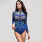Long Sleeve One Piece Swimsuit with High Neck Front Zip and Peacock Feather Print Design