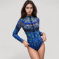 Long Sleeve One Piece Swimsuit with High Neck Front Zip and Peacock Feather Print Design