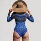 Long Sleeve One Piece Swimsuit with High Neck Front Zip and Peacock Feather Print Design
