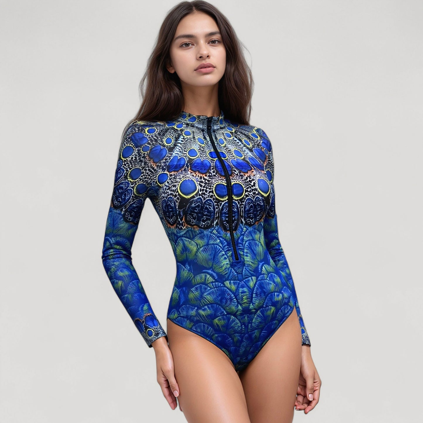 Long Sleeve One Piece Swimsuit with High Neck Front Zip and Peacock Feather Print Design