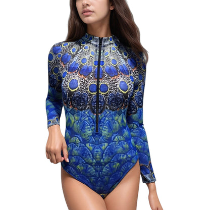 Long Sleeve One Piece Swimsuit with High Neck Front Zip and Peacock Feather Print Design