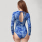 Long Sleeve One Piece Swimsuit with Crew Neck and Abstract Print
