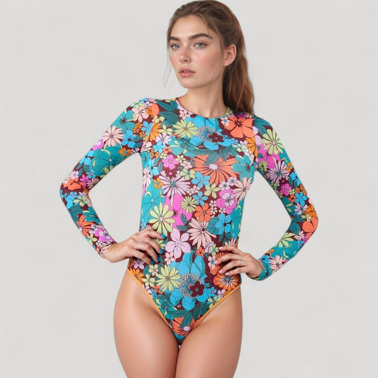 Long Sleeve One Piece Swimsuit with Crew Neck and Colorful Retro Floral Print