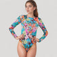 Long Sleeve One Piece Swimsuit with Crew Neck and Colorful Retro Floral Print